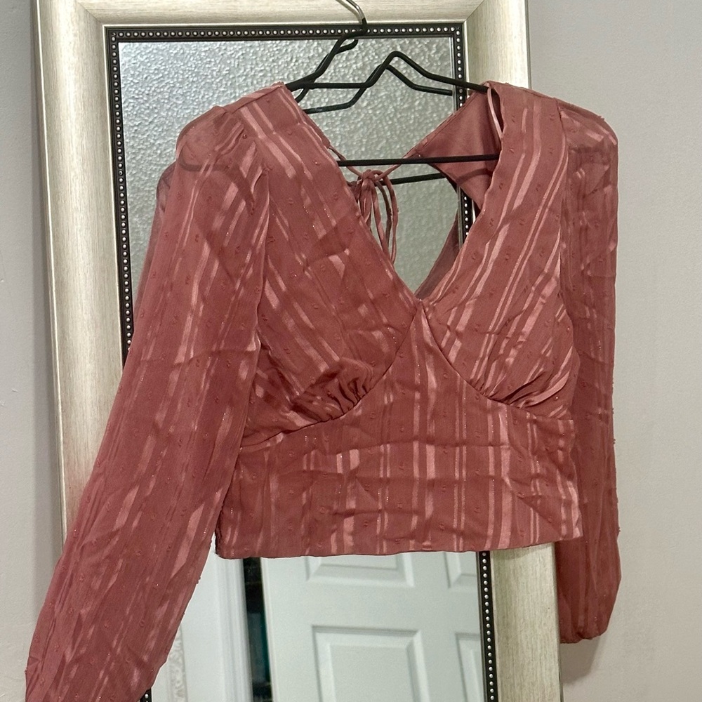 Ambiance Pink Long Sleeve Tie Front Crop Blouse